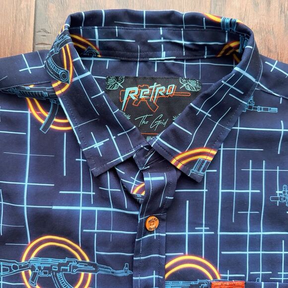 Retro Rifle “The Grid” Men’s Button Up Shirt Blue Gun Grid Pattern Stretchy Sz M - Picture 4 of 16